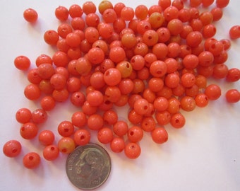 100 rare vintage hollow glass pearls - 5mm round blown glass hollow pearls - orange coral color glass pearls - blown glass beads