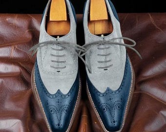 Zapatos formales de hombre hechos a mano con puntera de ala, bicolor, zapatos de vestir para hombre en gris y azul.