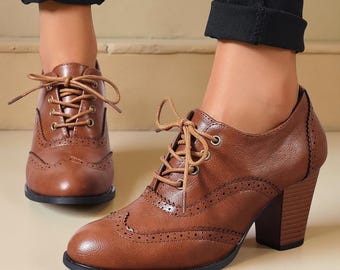 Damesschoenen retro blokhak Oxfords veterschoenen ronde neus PU-leer collegepump