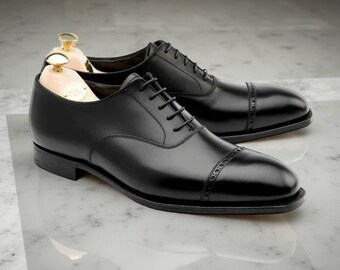Men Black Leather Oxford Dress Shoes, Handmade Black Leather Formal Shoes
