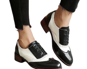 Handmade Women's White, Black Leather Oxford Wingtip Lace Up Dress Shoes Women
