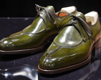 Handmade green leather dress shoes, men leather formal shoes, laces derby shoes