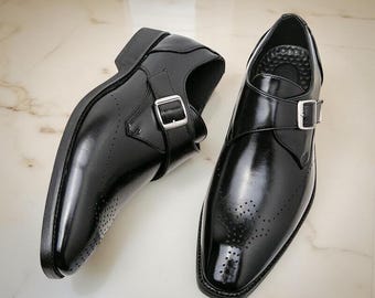 Men's Handmade Black Leather Monk Strap Oxford Dress Shoes Wedding Party Formal