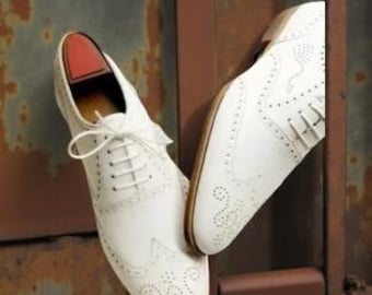 Handcrafted New Men's Genuine White Leather Oxford Brogue Wingtip Dress Shoe Men