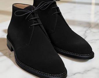 Botas de vestir de piel de ante negra hechas a mano para hombre, botas chukka formales para hombre