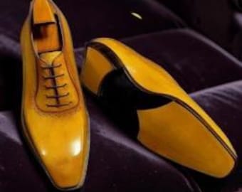 Handmade men yellow leather oxford shoes, formal dress leather shoes for mens