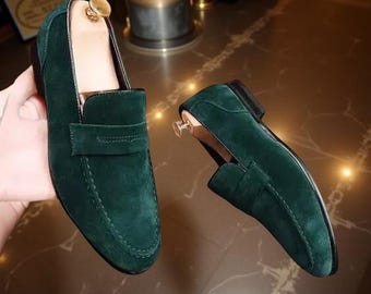 Handmade Men's Green Suede Penny Loafer Shoes Formal Dress Leather Moccasin Shoe - Etsy Handmade Men's Green Suede Penny Loafer Shoes Formal Dress Leather Moccasin Shoe - Etsy
