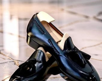 Bespoke Men's Premium Quality Black Leather Slip On Tassels Dress Loafers Shoes
