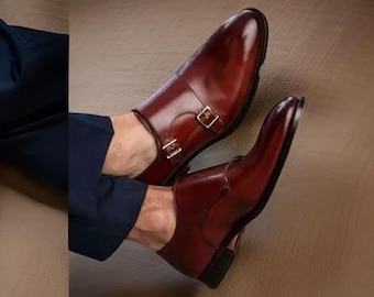 Men's Genuine Brown Leather Double Monk Strap Dress/Formal Shoes