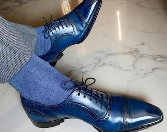 Handmade Mens blue oxfords shoes, Men brogue blue leather dress shoes