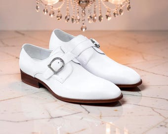Zapatos de cuero blanco para hombre hechos a mano con hebilla, auténticos zapatos formales de fiesta hechos a medida.