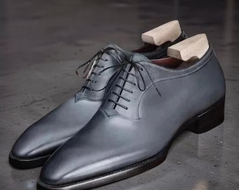 New Handmade Genuine Gray Leather Formal Oxford Lace Dress Office Shoes For Men