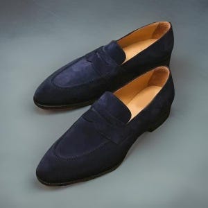 Men Handmade Navy Blue Suede Leather Loafer Shoes, Formal Suede Shoes