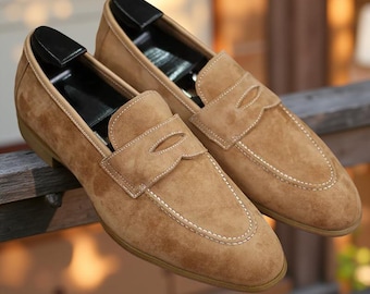 British Men Genuine Suede Leather Shoes Casual Loafer Brown Handmade Dress Shoes
