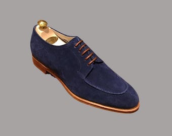 Herren Handgemachte Leder Blaue Abendschuhe, Wildleder Schnürschuhe