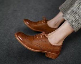 Handmade Women's Brown Leather Lace up Oxford Formal Dress Shoes, Stylish Shoe.