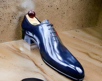 Handmade Leather Oxford Dress Shoes - Tone Blue Lace-Up Formal Shoes