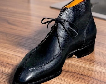 Handmade Mens black tuxedo dress boots, Men black lace up ankle boot