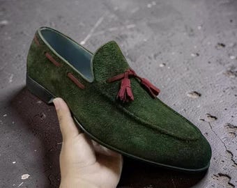 Handmade Men's Green Suede Moccasin, Red Tassel Slip On Shoes, Men Dress Loafers