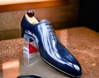 Men's Handmade Blue Leather Formal Oxford Casual Lace-Up - & Dress Shoes