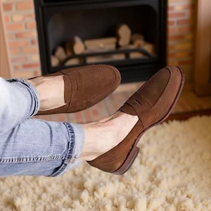 Handmade Pure Suede Brown Formal Moccasins Dress Loafer Slip On Shoes For Men