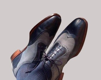 Zapatos formales de hombre bicolor hechos a mano, zapatos de vestir de cuero azul marino y gris para hombre.