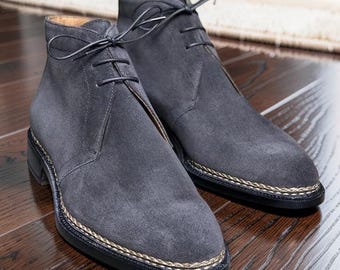 Handmade men gray suede leather dress boots, formal chukka boots for mens