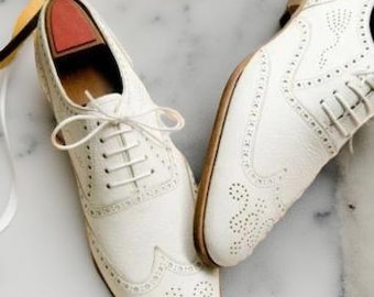 Handmade men fashion wingtip brogue white leather shoes, Men white dress shoes