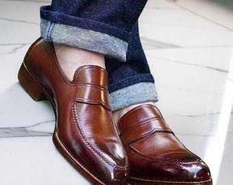 Buy Men's Handmade Brown Leather Slip On Casual Loafers, Formal Dress men Shoes