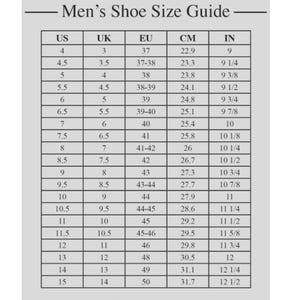 May include: A shoe size conversion chart titled "Men's Shoe Size Guide." It displays shoe sizes in US, UK, EU, CM (centimeters), and IN (inches). The chart includes sizes from US 4 (9 inches, 22.9 cm) to US 15 (12 1/2 inches, 31.7 cm).