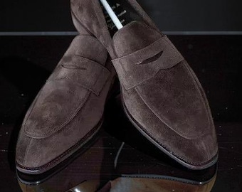 Handmade Suede Leather Brown Formal Moccasin Slip On Dress Loafer Shoes For Men