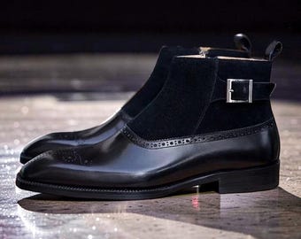 Zapatos monk de cuero negro y gamuza hechos a mano para hombre, botas formales de vestir para la oficina.