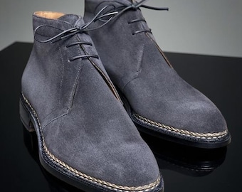 Handmade men gray suede leather dress boots, formal chukka boots for mens
