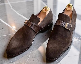 Handmade Mens formal Brown suede monk shoes, Brown suede buckle dress shoes