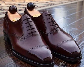Mens Handmade Burgundy Oxford Lace Up Shoes, Leather Formal Dress Leather Shoes