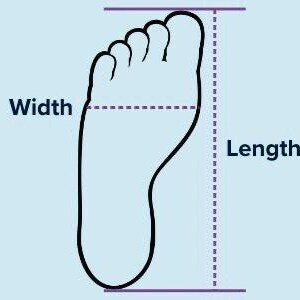 May include: Illustration of a foot outline with labeled lines indicating width and length. The foot is black, and the lines are purple, set against a light blue background. The text labels are in black.