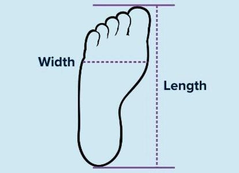May include: Illustration of a foot outline with labeled lines indicating width and length. The foot is black, and the lines are purple, set against a light blue background. The text labels are in black.