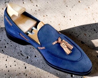 Zapatos nuevos hechos a mano en color azul marino, zapatos de hombre con borlas, zapatos de vestir, mocasines de oficina,