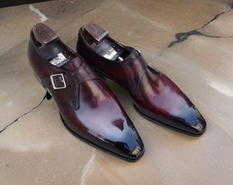 New Handmade Men's Burgundy Leather Single Monk Chiseled Toe Formal Dress Shoes