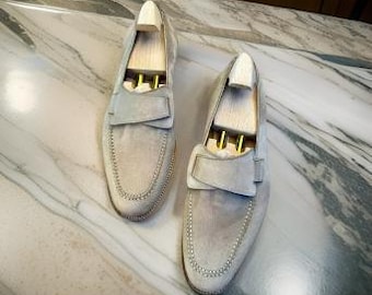 Handmade men gray suede shoes, leather office moccasin dress shoes for mens