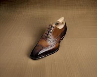 Men's Handmade Genuine Brown Leather Oxford Lace Up Wingtip Formal Dress Shoes