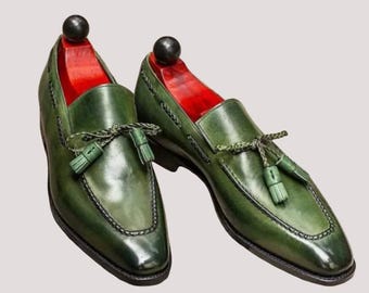 Handmade Leather Green Shoes Oxford Dress Slip On Loafer moccasin dress Shoes