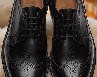 Zapatos de vestir formales Oxford con cordones y punta de ala de cuero genuino negro hechos a mano para hombre