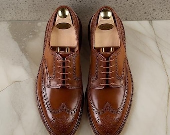 Handgemaakte echt bruin lederen Oxford veters vleugeltip formele kleding herenschoenen