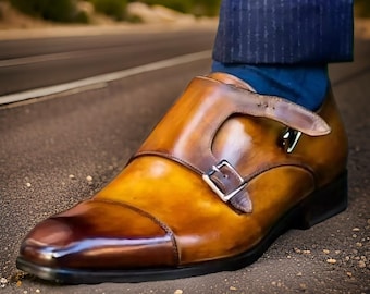 Handmade Men's Business Shoes Brown Shaded Double Monk Strap Genuine Leather Shoes