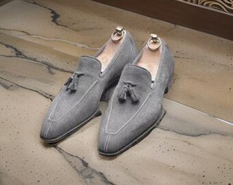 Nuevos zapatos tipo mocasín con borlas de piel de ante gris hechos a mano para hombre