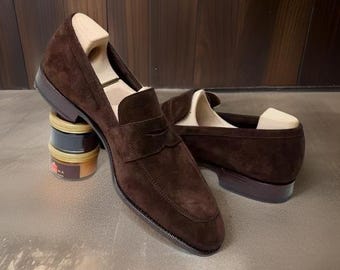 Men Handmade Brown Suede Leather Penny Loafer Shoes, Moccasin Slip on Shoes