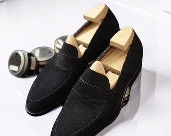 Handmade men black suede moccasin, men dress loafer shoes, men leather shoes