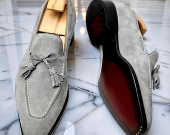 New Handmade Shoes, Men Gray Tassels Shoes, Dress Shoes, Office Moccasins,