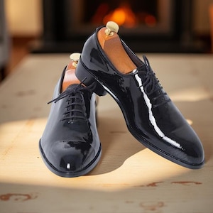 Men Handmade Black Patent Leather Wholecut Oxford Dress Shoes, Formal Shoes